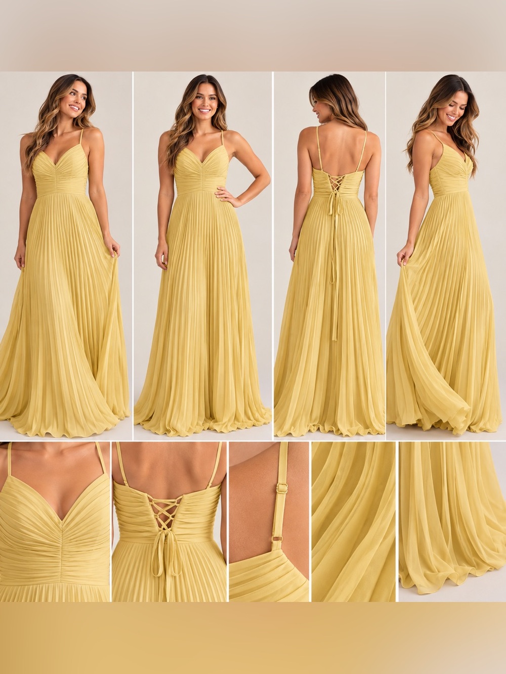 Ryanth Mustard Yellow Pleated Chiffon Corset Back Formal Maxi Dress Sz 4